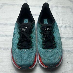 Hoka Clifton 8 Teal and Red Running Shoes sz 9